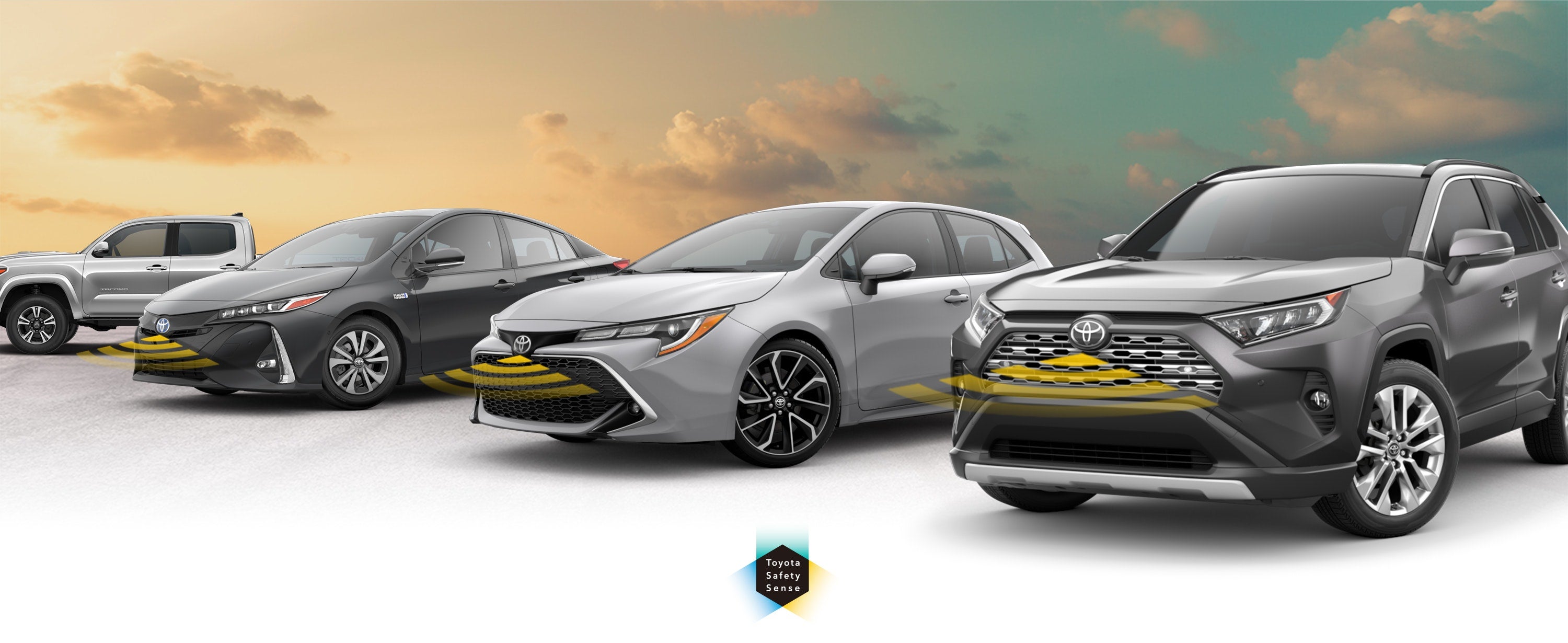 Toyota Safety Sense: Designed for Safety. Options shown on Toyota models including RAV4, Tacoma, and Camry, available now at Lakeland Toyota in Lakeland FL.